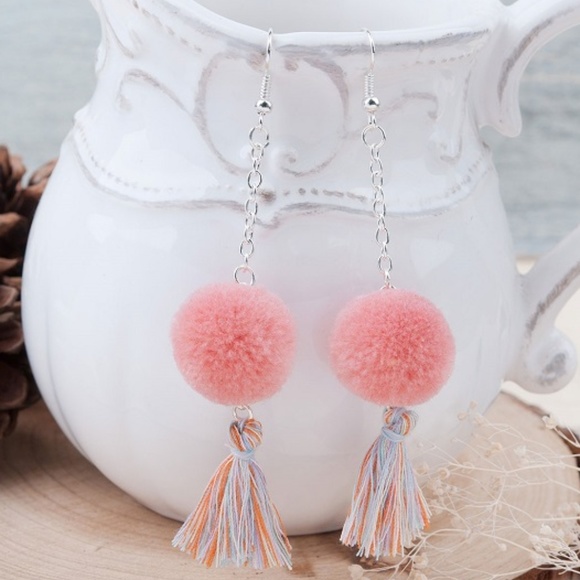 Jewelry - Hot Pink Soft Cute Pom Pom Silver Tassel Earrings